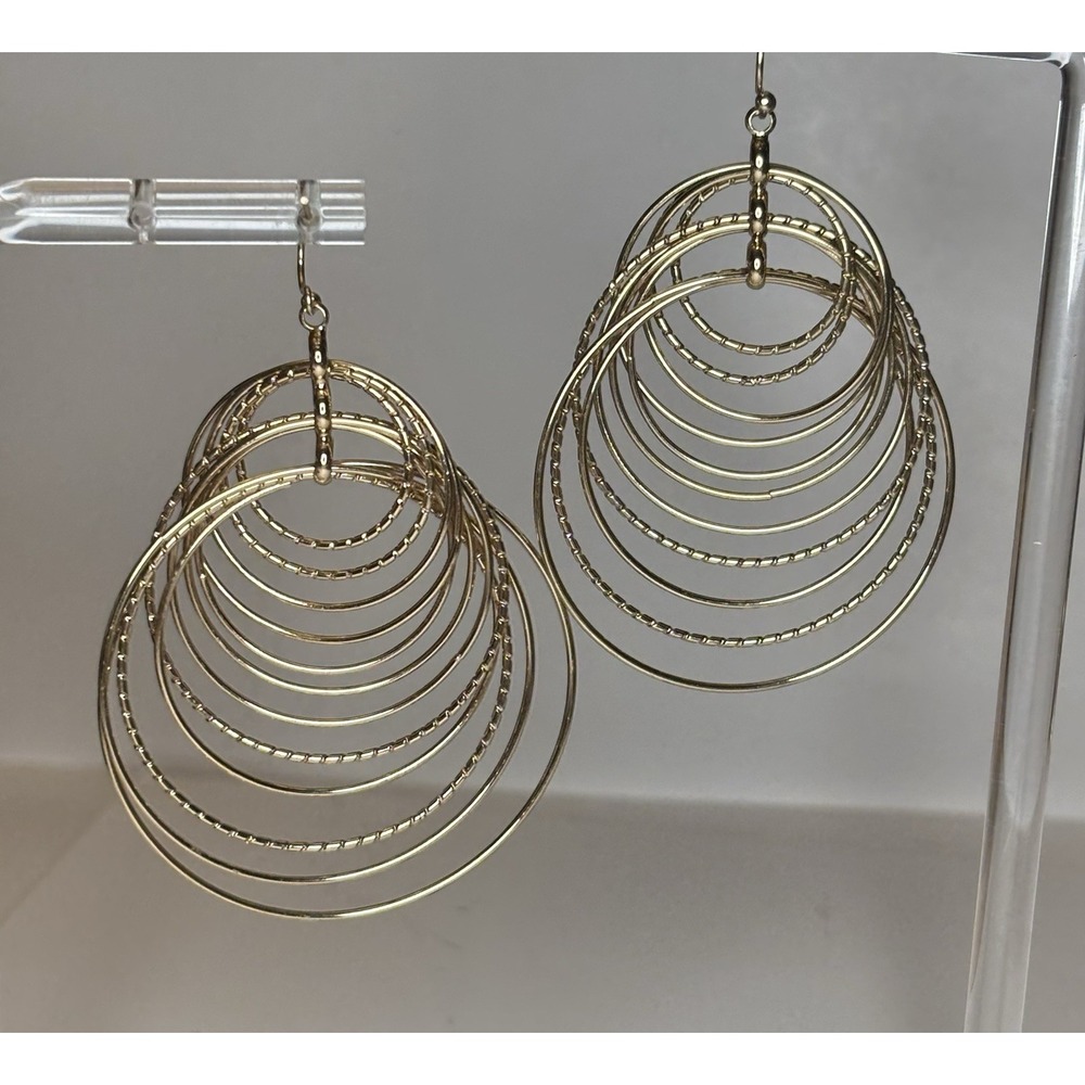 Gold Tone Multi Hoop Chandelier Earrings 3" Layered Dangle Statement